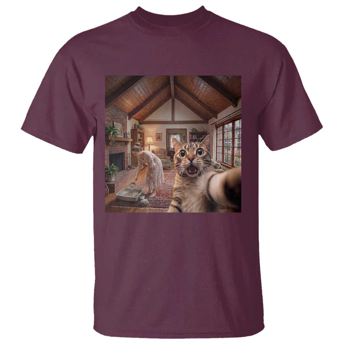 Cat Selfie with Woman Funny Cat Mom T Shirt TS11 Maroon Print Your Wear