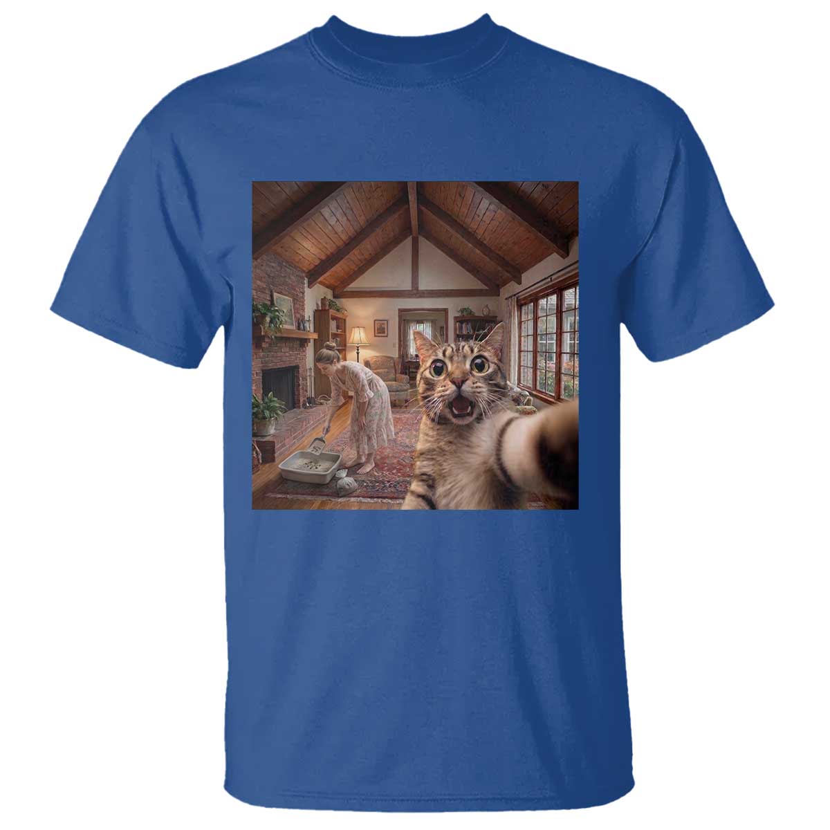 Cat Selfie with Woman Funny Cat Mom T Shirt TS11 Royal Blue Print Your Wear
