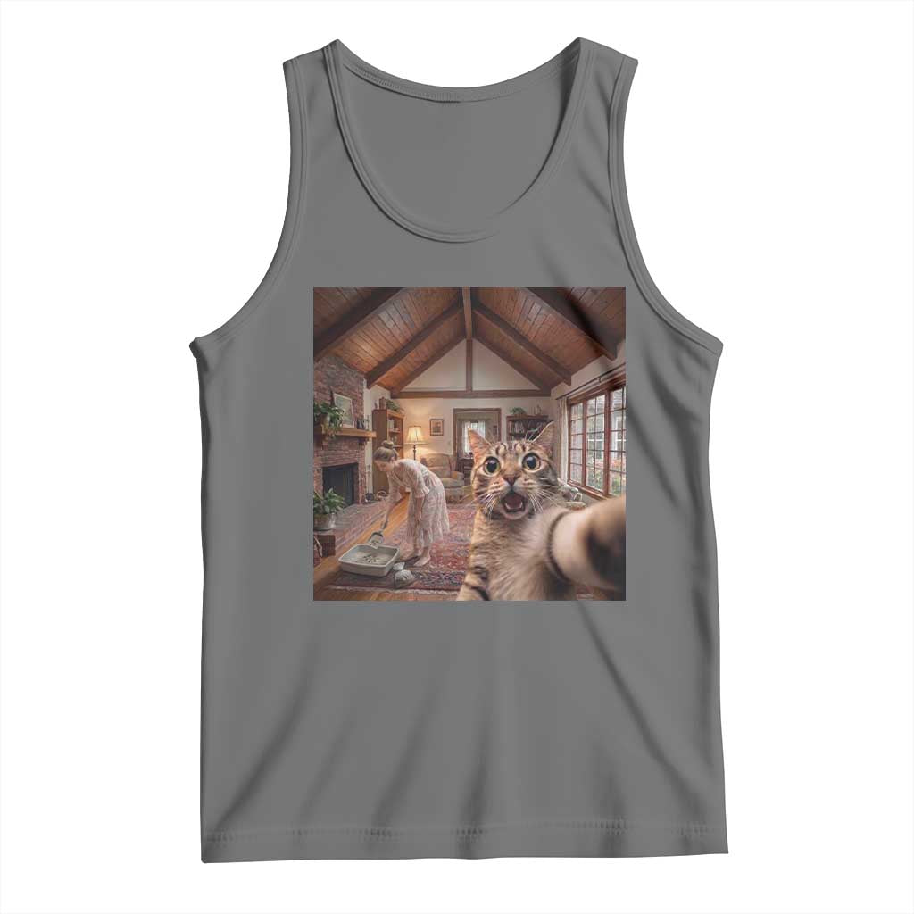 Cat Selfie with Woman Funny Cat Mom Tank Top TS11 Black Heather Print Your Wear
