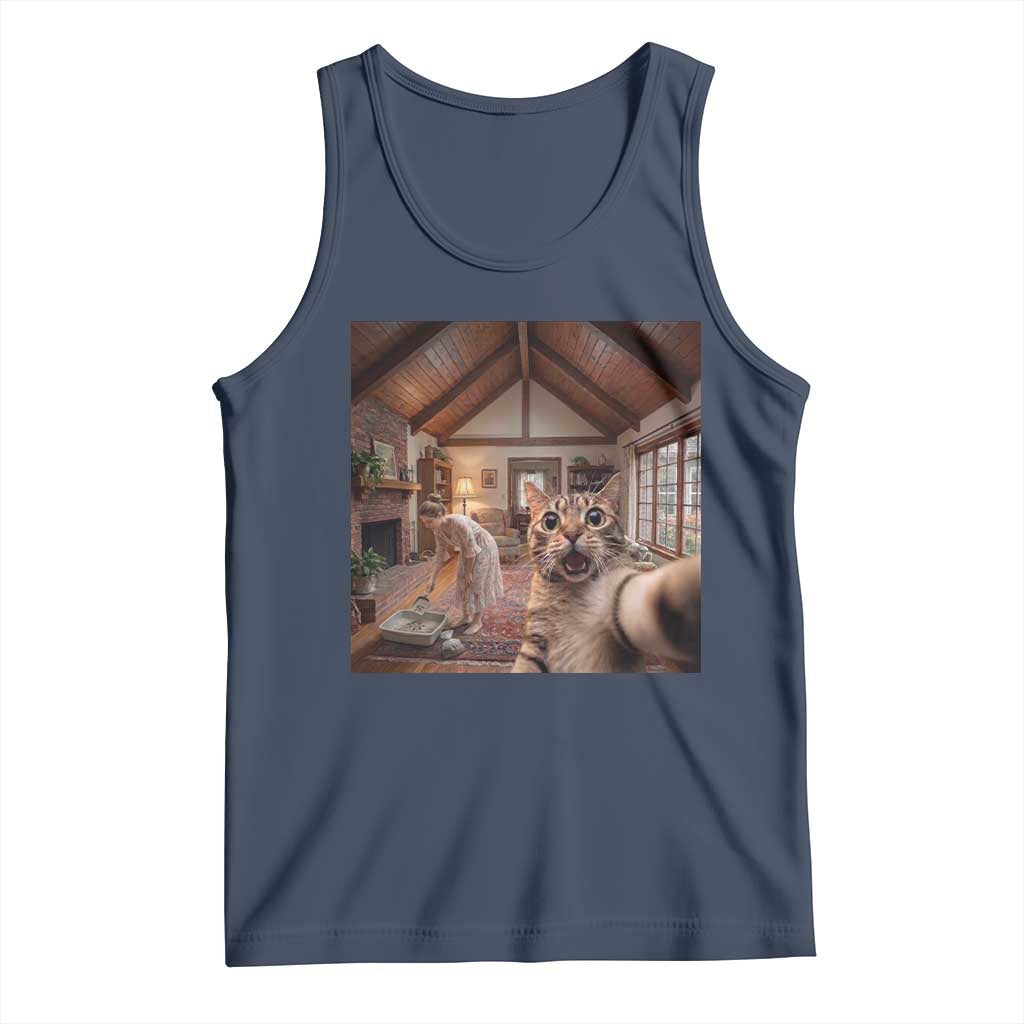 Cat Selfie with Woman Funny Cat Mom Tank Top TS11 Navy Print Your Wear