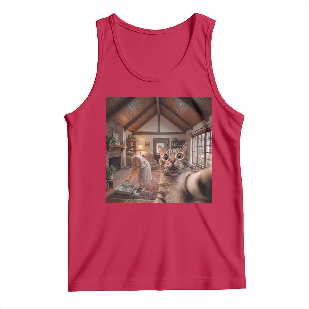 Cat Selfie with Woman Funny Cat Mom Tank Top TS11 Red Print Your Wear