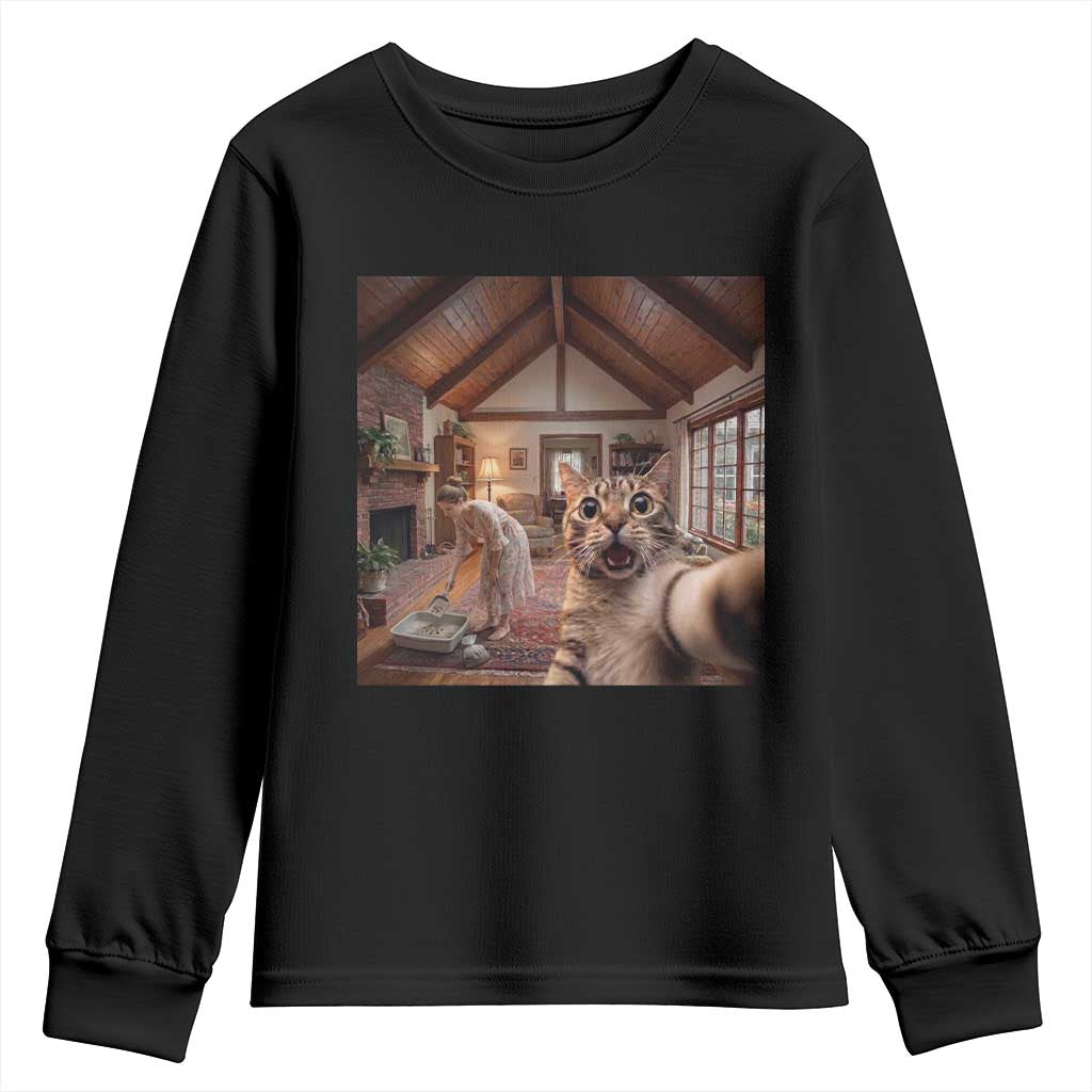 Cat Selfie with Woman Funny Cat Mom Youth Sweatshirt TS11 Black Print Your Wear