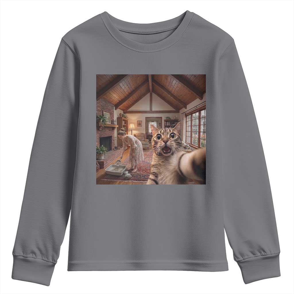 Cat Selfie with Woman Funny Cat Mom Youth Sweatshirt TS11 Charcoal Print Your Wear