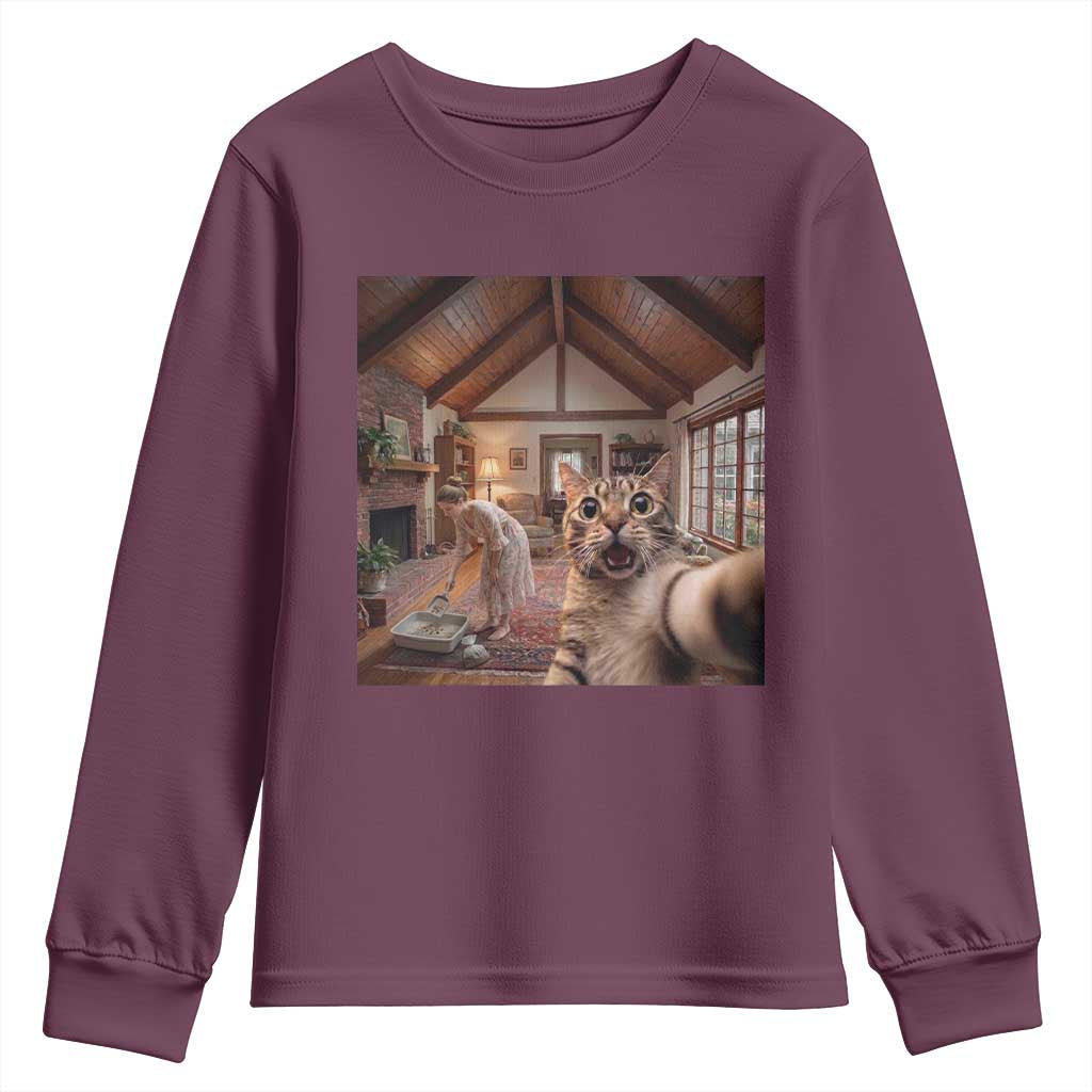 Cat Selfie with Woman Funny Cat Mom Youth Sweatshirt TS11 Maroon Print Your Wear