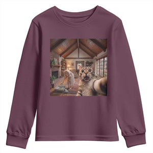 Cat Selfie with Woman Funny Cat Mom Youth Sweatshirt TS11 Maroon Print Your Wear