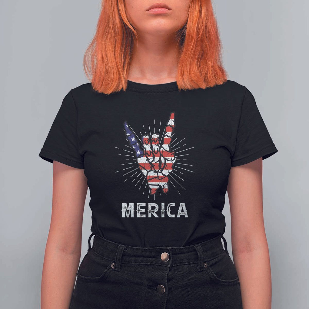 Rockin 4th Of July T Shirt For Women Skeleton Hand American Flag Patriotic Day TS11 Black Print Your Wear