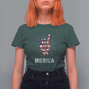 Rockin 4th Of July T Shirt For Women Skeleton Hand American Flag Patriotic Day TS11 Dark Forest Green Print Your Wear