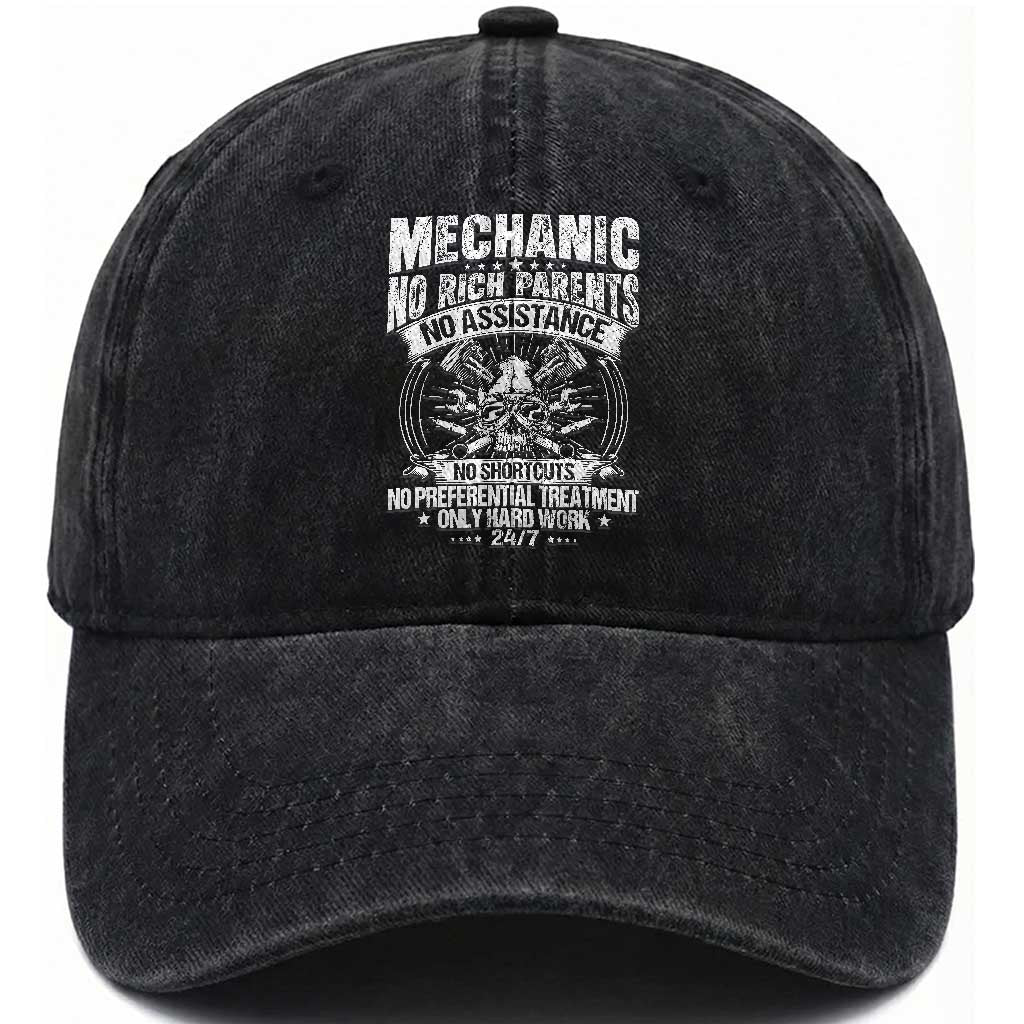 Funny Mechanic No Rich Parents No Assistance No Handouts Washed Cotton Baseball Cap Car Mechanic Garage TS11 Print Your Wear