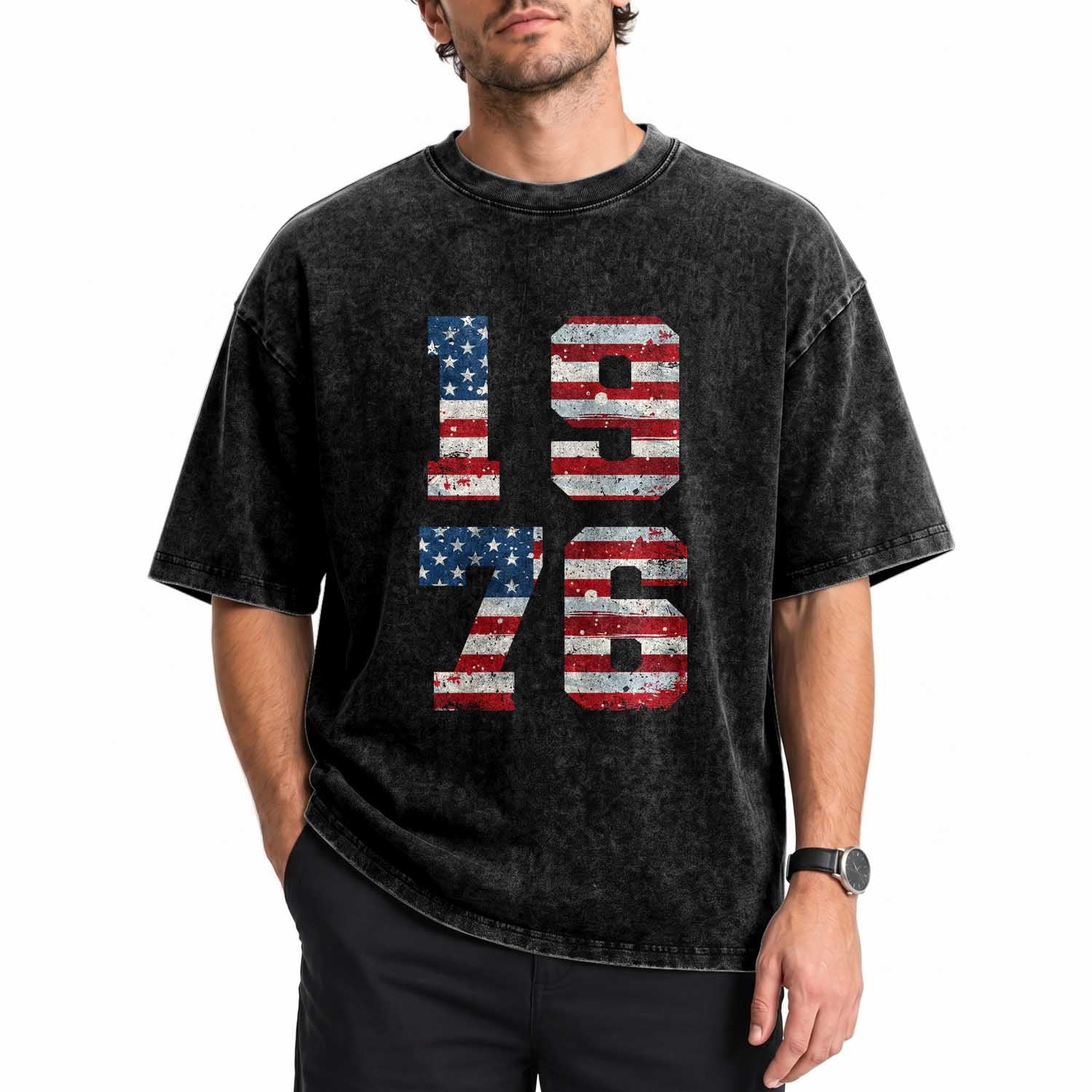 50th Birthday Vintage 1976 American Flag Washed Cotton T-Shirt Gifts For Turning 50