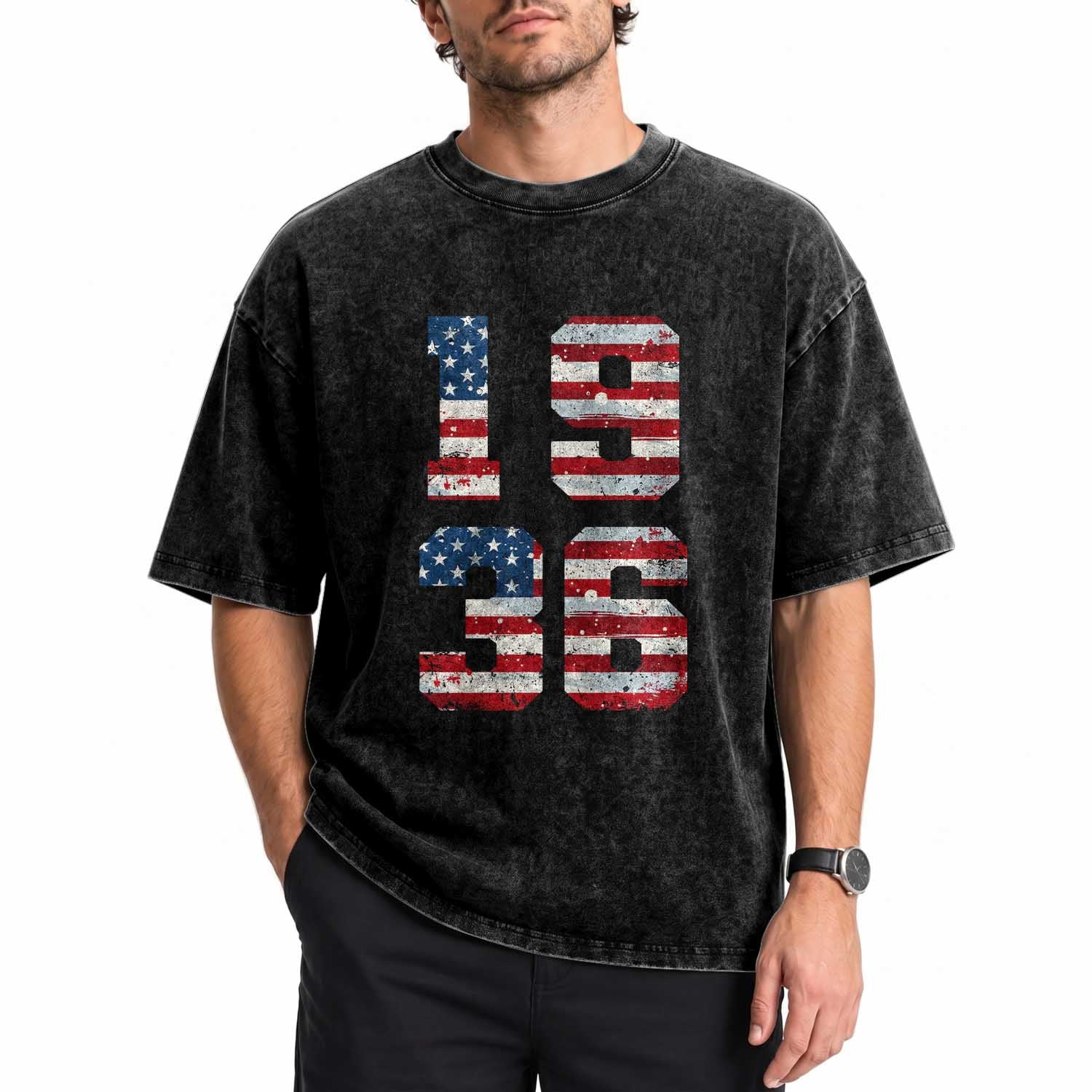 90th Birthday Vintage 1936 American Flag Washed Cotton T-Shirt Gifts For Turning 90