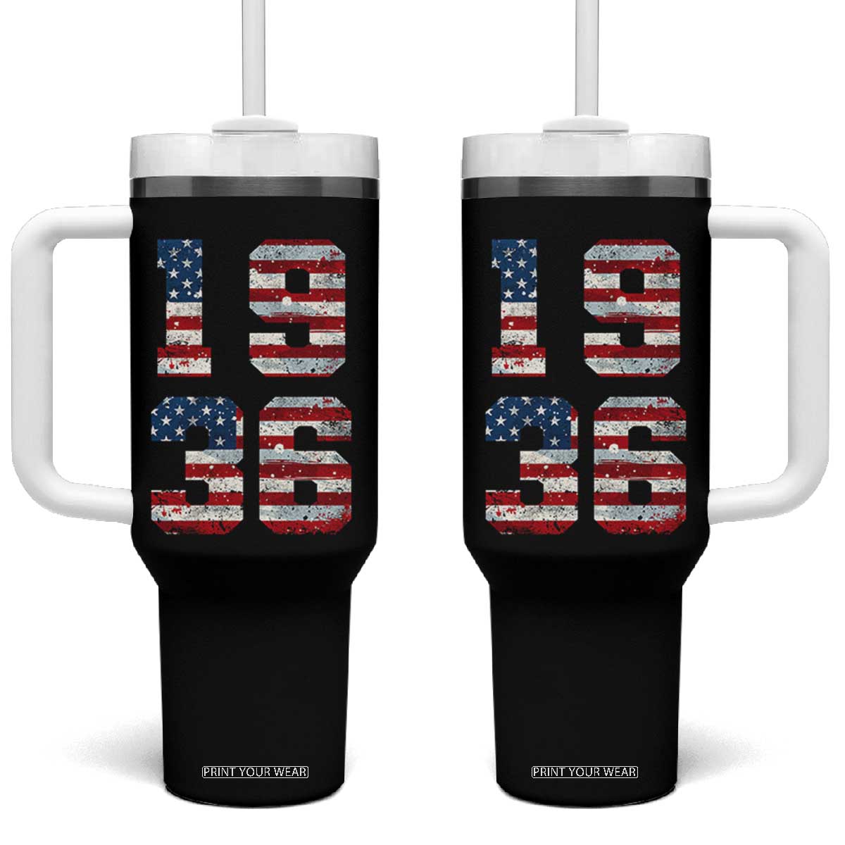 90th Birthday Vintage 1936 American Flag Tumbler With Handle Gifts For Turning 90