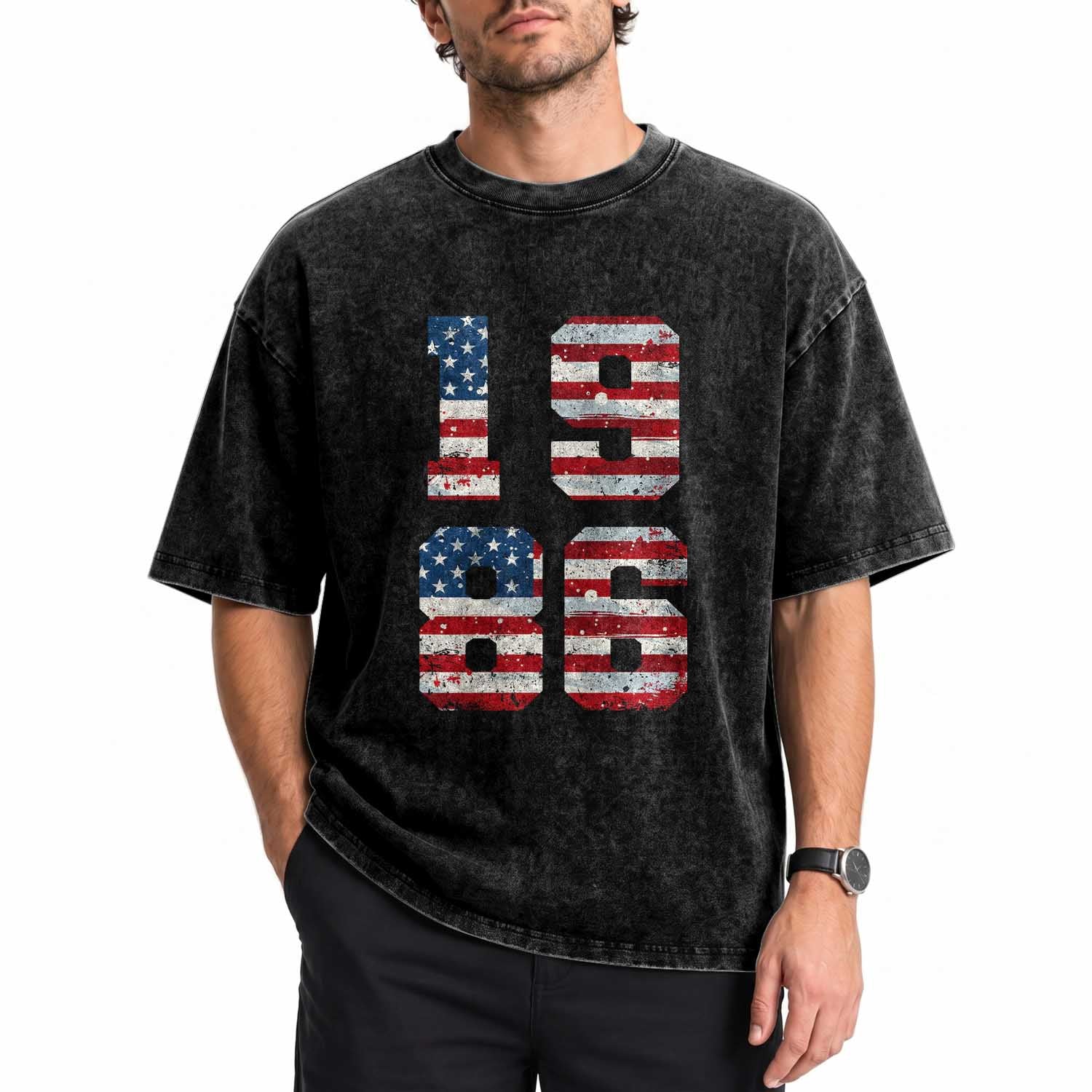 40th Birthday Vintage 1986 American Flag Washed Cotton T-Shirt Gifts For Turning 40