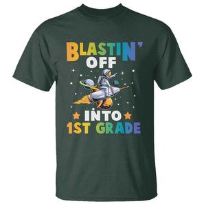 Funny Back To School Space T Shirt Blastin' Off Into 1st Grade Astronaut Rocket TS11 Dark Forest Green Print Your Wear