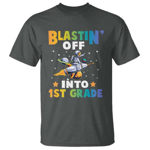 Funny Back To School Space T Shirt Blastin' Off Into 1st Grade Astronaut Rocket TS11 Dark Heather Print Your Wear