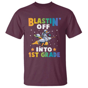 Funny Back To School Space T Shirt Blastin' Off Into 1st Grade Astronaut Rocket TS11 Maroon Print Your Wear