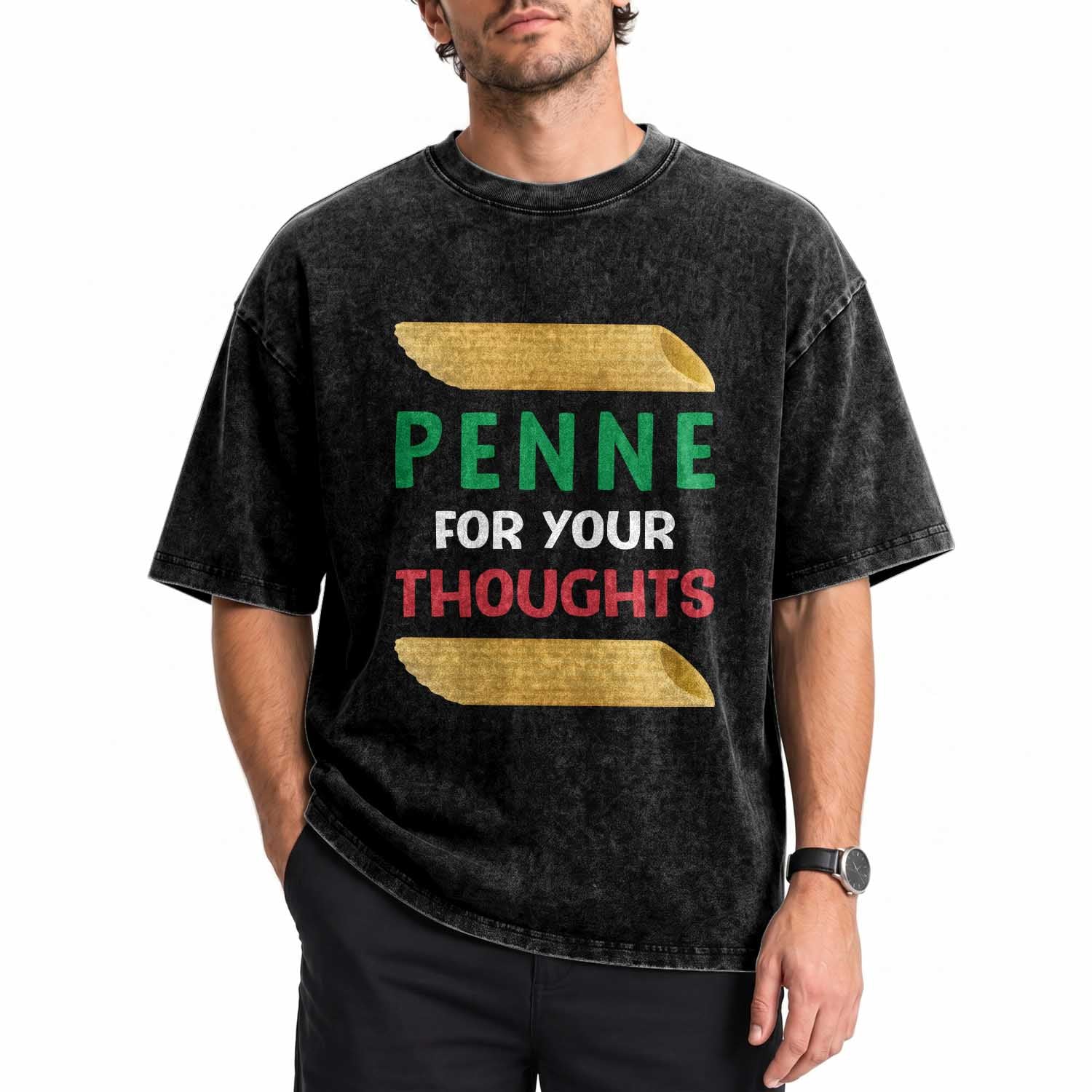 Italia Penne For Your Thoughts Washed Cotton T-Shirt Funny Italian Food