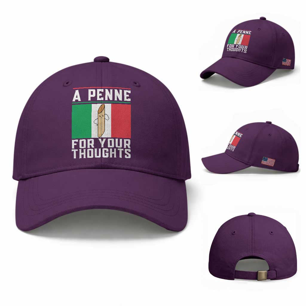 Funny Italian Pasta Pun Baseball Cap A Penne For Your Thoughts Italy Flag
