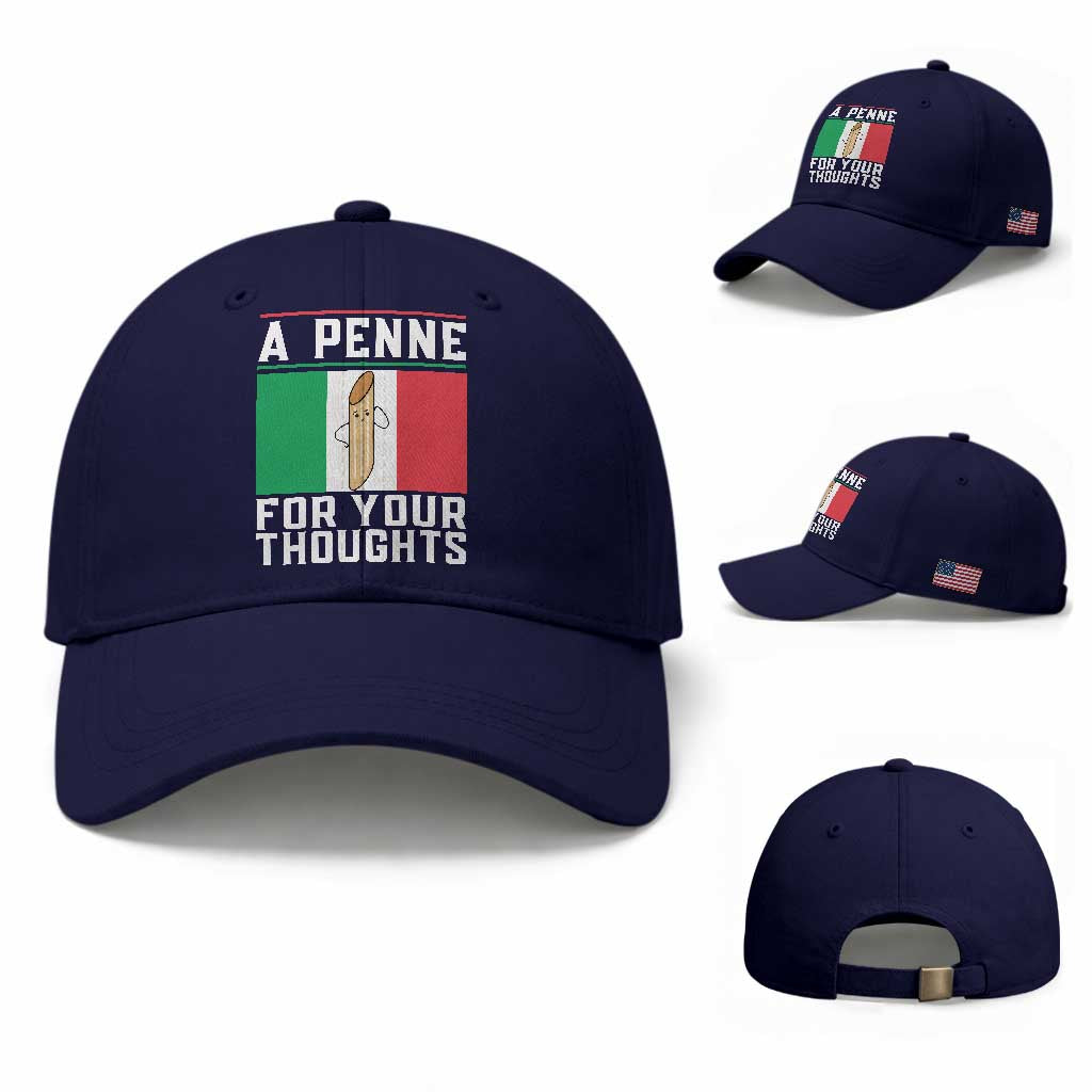 Funny Italian Pasta Pun Baseball Cap A Penne For Your Thoughts Italy Flag