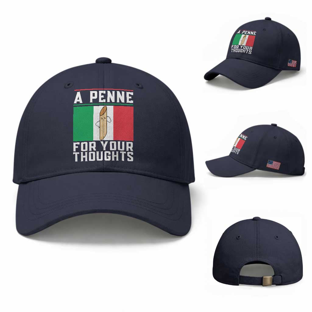 Funny Italian Pasta Pun Baseball Cap A Penne For Your Thoughts Italy Flag