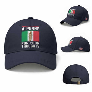 Funny Italian Pasta Pun Baseball Cap A Penne For Your Thoughts Italy Flag