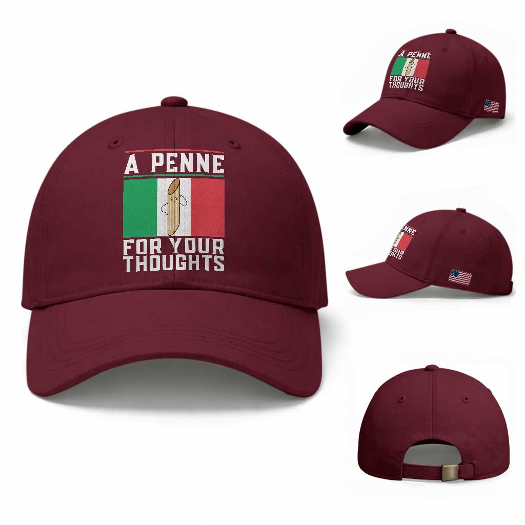 Funny Italian Pasta Pun Baseball Cap A Penne For Your Thoughts Italy Flag