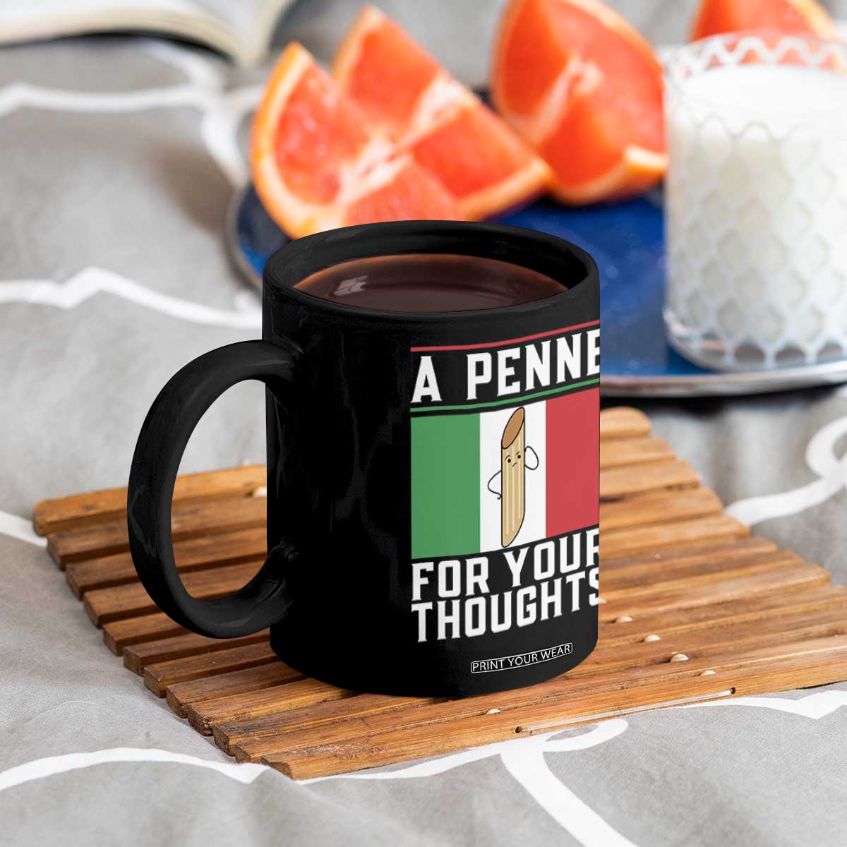 Funny Italian Pasta Pun Coffee Mug A Penne For Your Thoughts Italy Flag
