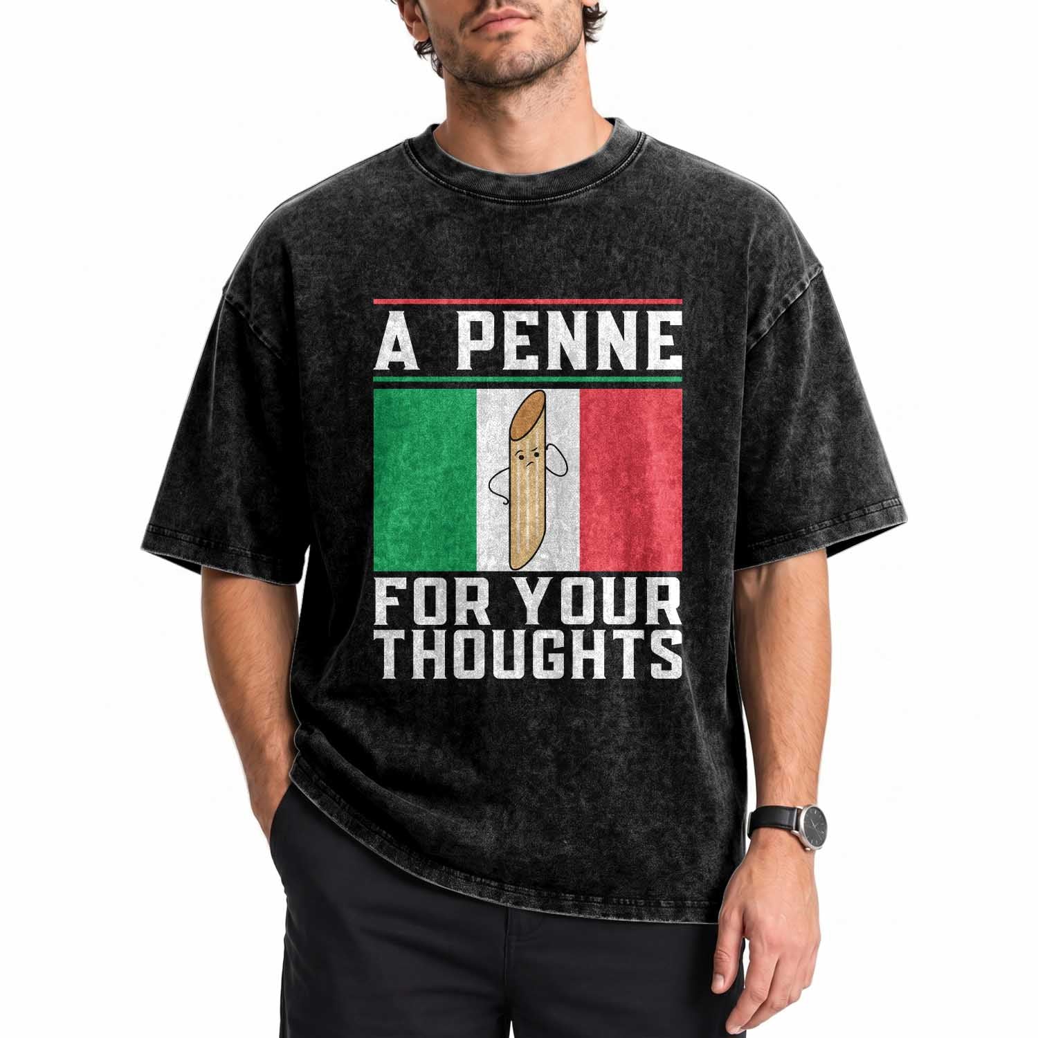 Funny Italian Pasta Pun Washed Cotton T-Shirt A Penne For Your Thoughts Italy Flag