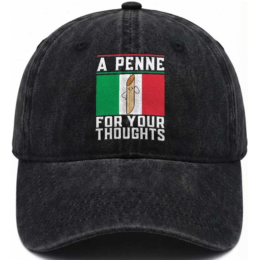 Funny Italian Pasta Pun Washed Cotton Baseball Cap A Penne For Your Thoughts Italy Flag
