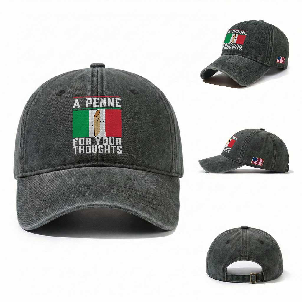 Funny Italian Pasta Pun Washed Cotton Baseball Cap A Penne For Your Thoughts Italy Flag