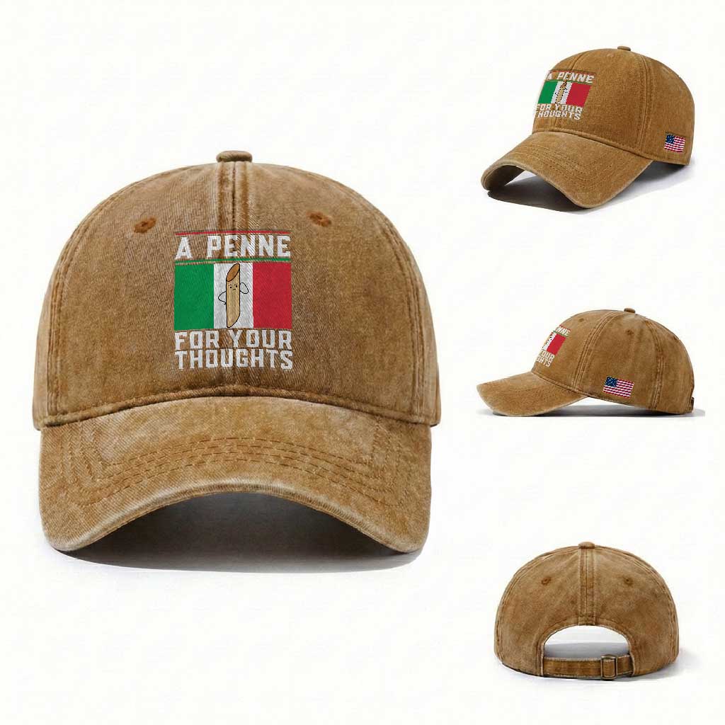 Funny Italian Pasta Pun Washed Cotton Baseball Cap A Penne For Your Thoughts Italy Flag