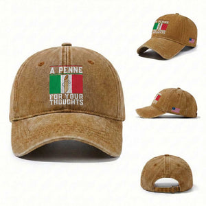 Funny Italian Pasta Pun Washed Cotton Baseball Cap A Penne For Your Thoughts Italy Flag