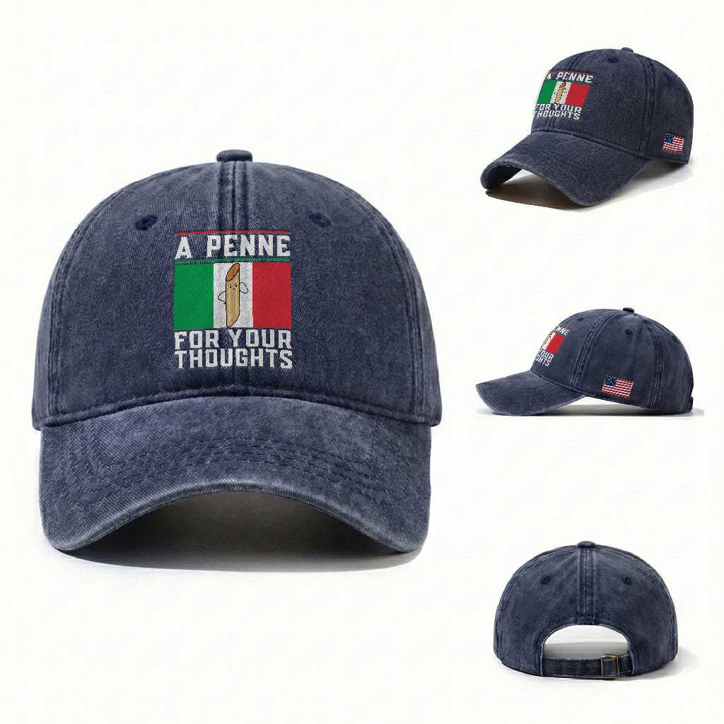 Funny Italian Pasta Pun Washed Cotton Baseball Cap A Penne For Your Thoughts Italy Flag
