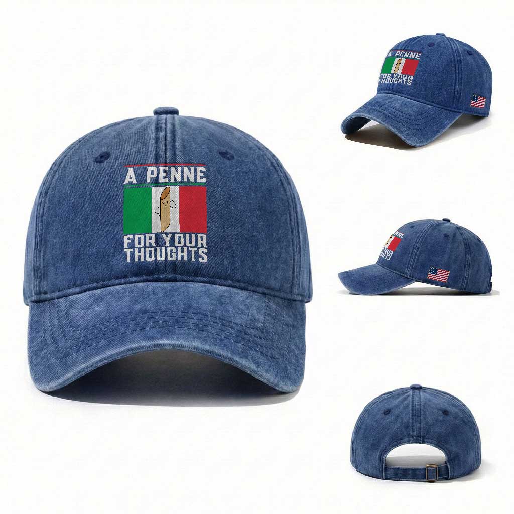 Funny Italian Pasta Pun Washed Cotton Baseball Cap A Penne For Your Thoughts Italy Flag