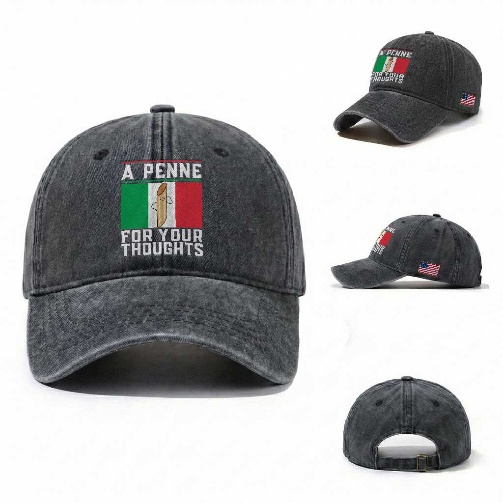 Funny Italian Pasta Pun Washed Cotton Baseball Cap A Penne For Your Thoughts Italy Flag