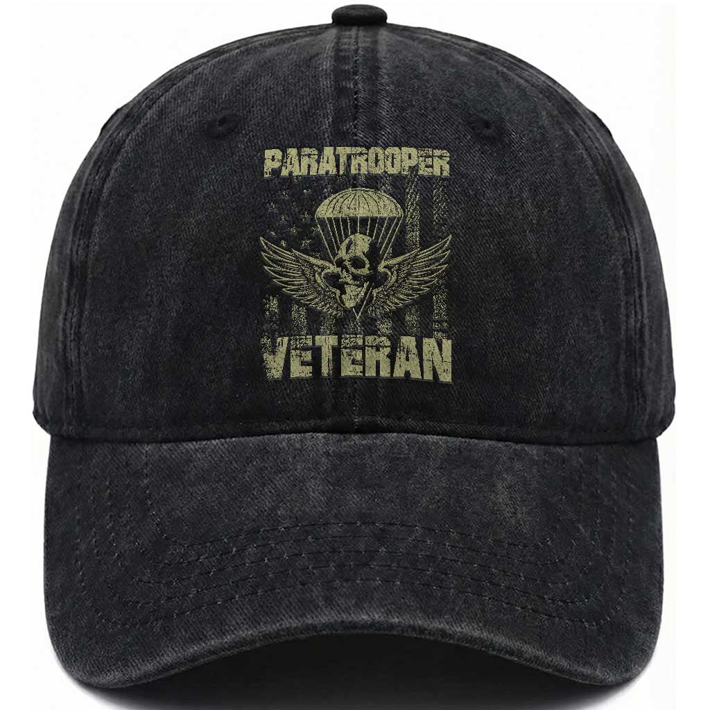 Paratrooper Veteran Washed Cotton Baseball Cap Airborne Military Vintage American Flag TS11 Washed Cap Universal Fit Black Print Your Wear
