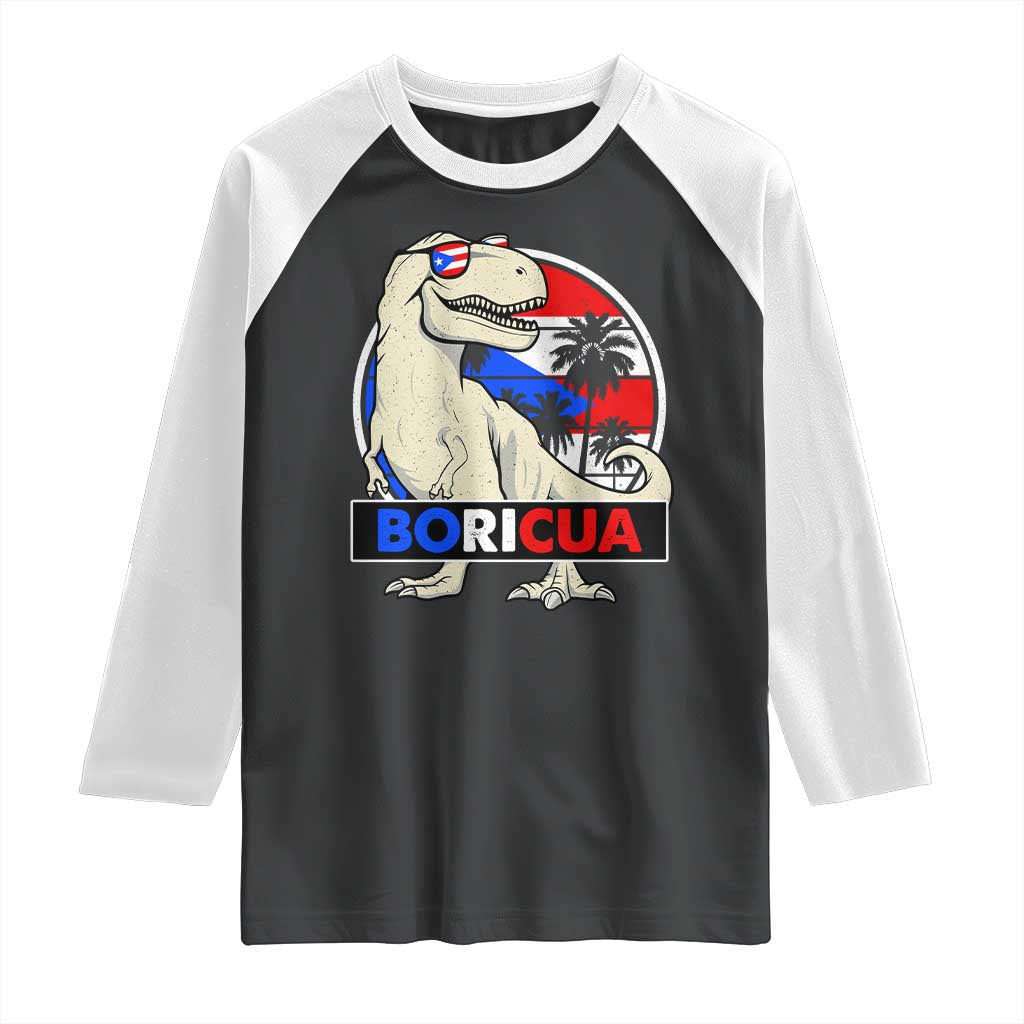 Funny Boricua Dinosaur Dino Puerto Rican Flag Hispanic Heritage Raglan Shirt TS11 Black White Print Your Wear
