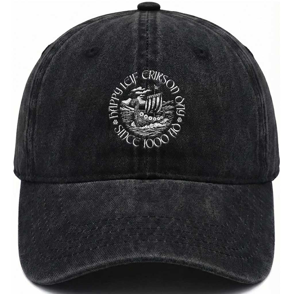Happy Leif Erikson Day Washed Cotton Baseball Cap Since 1000 AD Viking Longship