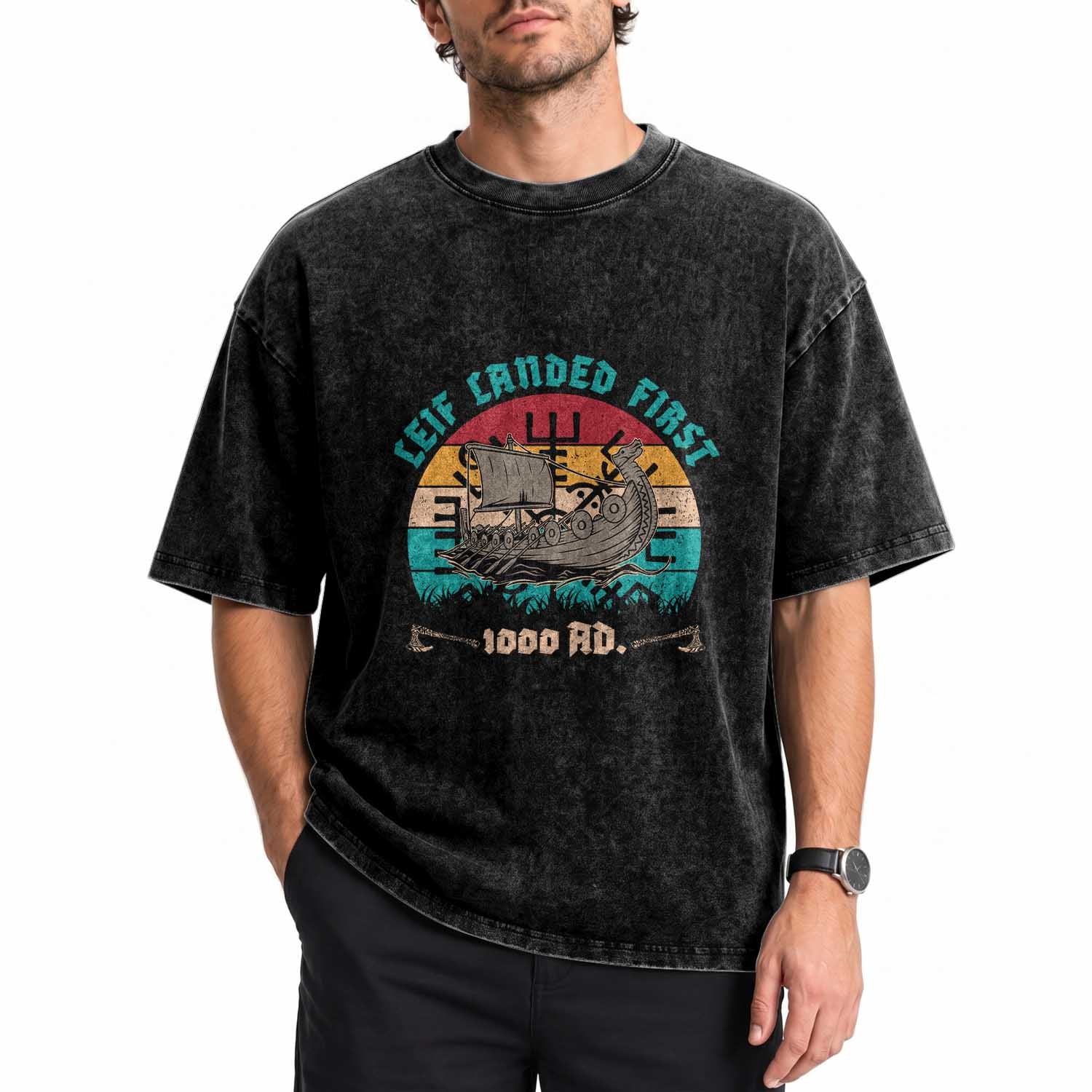Leif Landed First Washed Cotton T-Shirt 1000 AD Medieval Norse History Viking Longship