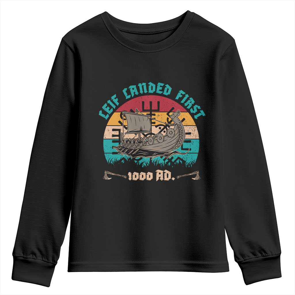 Leif Landed First Youth Sweatshirt 1000 AD Medieval Norse History Viking Longship