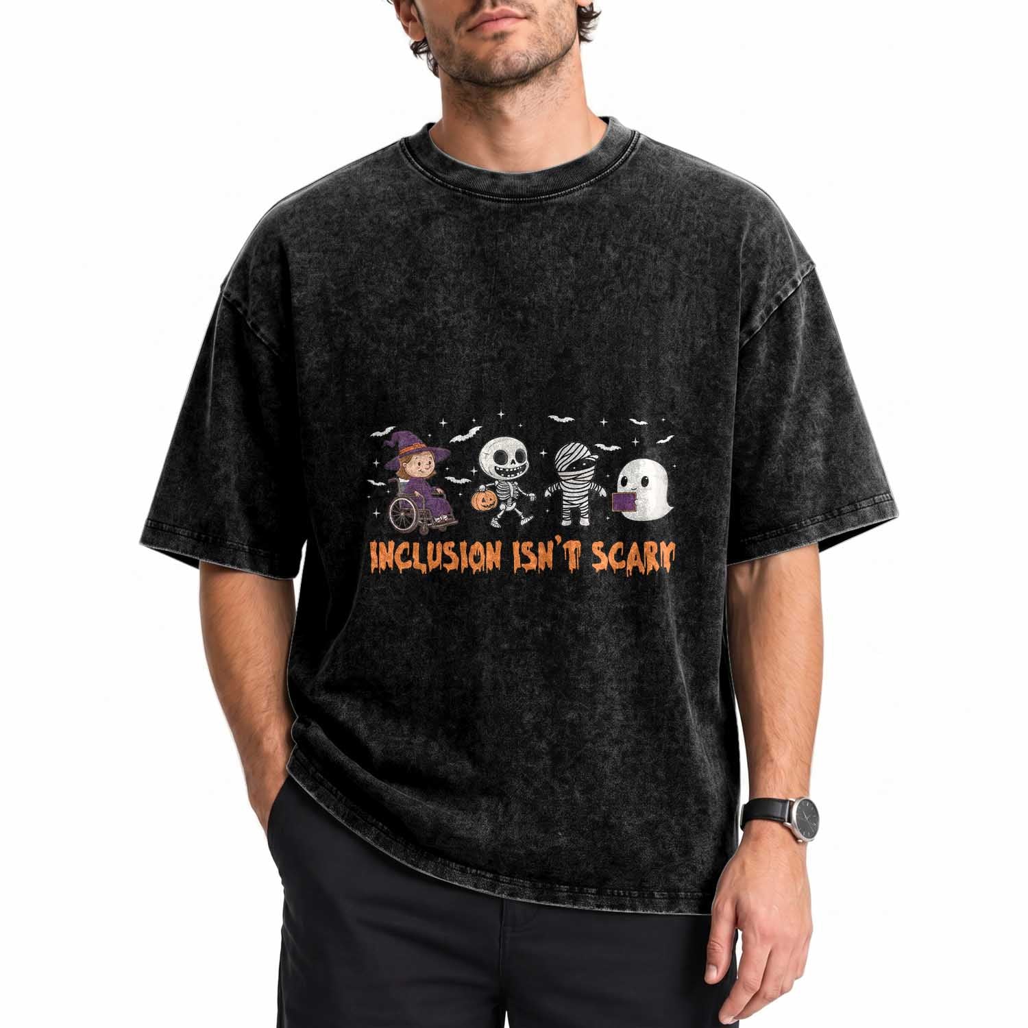 Halloween Teacher Washed Cotton T-Shirt Inclusion Isn't Scary Cute Skeleton Ghost Witch