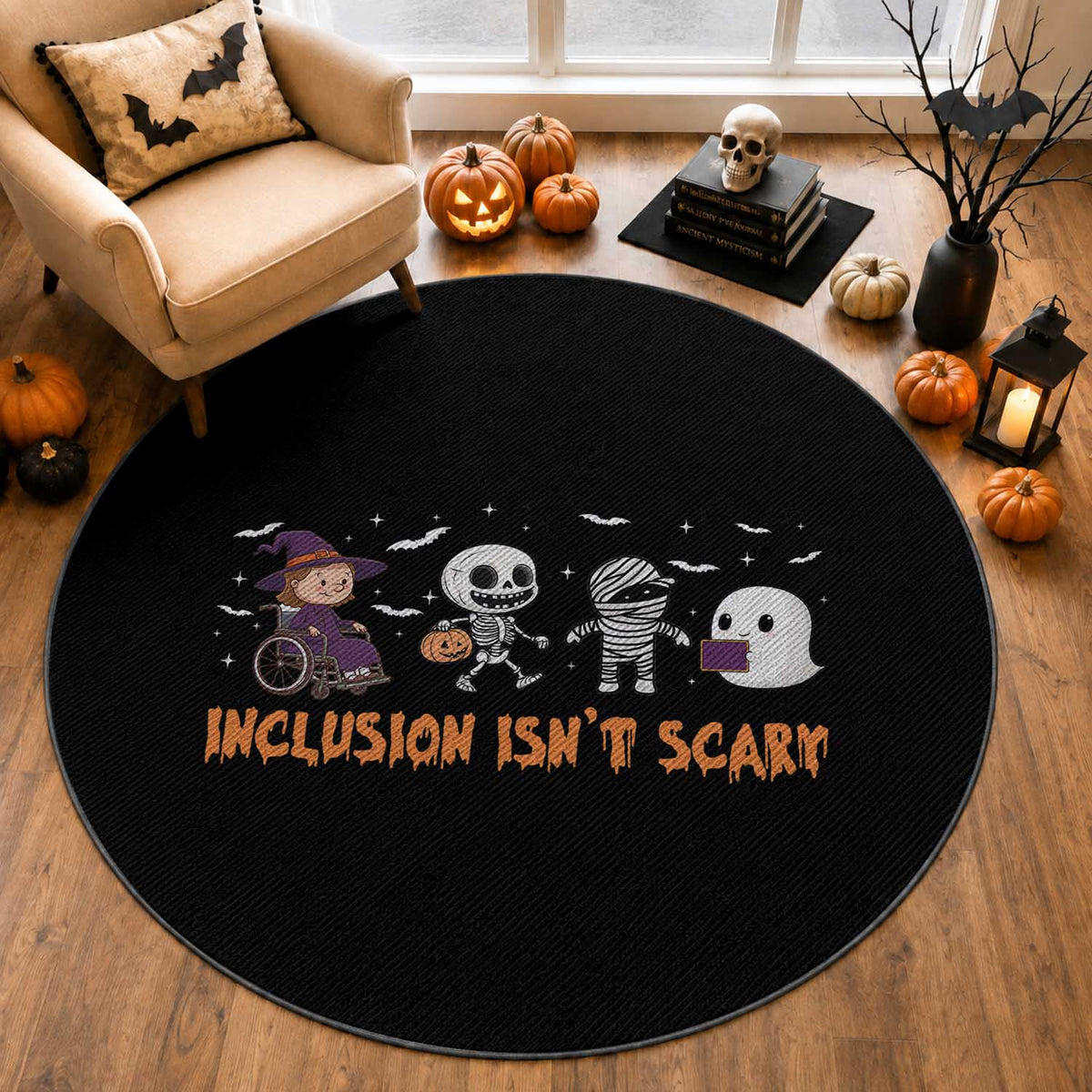 Halloween Teacher Round Rug Inclusion Isn't Scary Cute Skeleton Ghost Witch