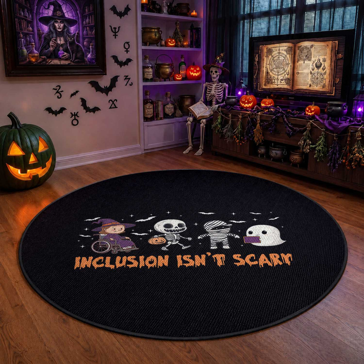 Halloween Teacher Round Rug Inclusion Isn't Scary Cute Skeleton Ghost Witch
