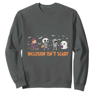 Halloween Teacher Sweatshirt Inclusion Isn't Scary Cute Skeleton Ghost Witch TS11 Dark Heather Print Your Wear