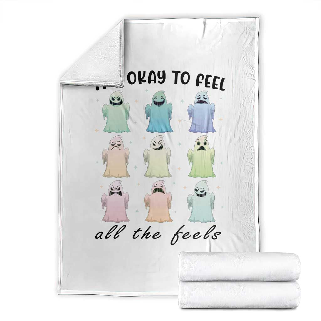 Halloween Mental Health Awareness Throw Blanket It Is Okay To Feel All The Feels Ghost