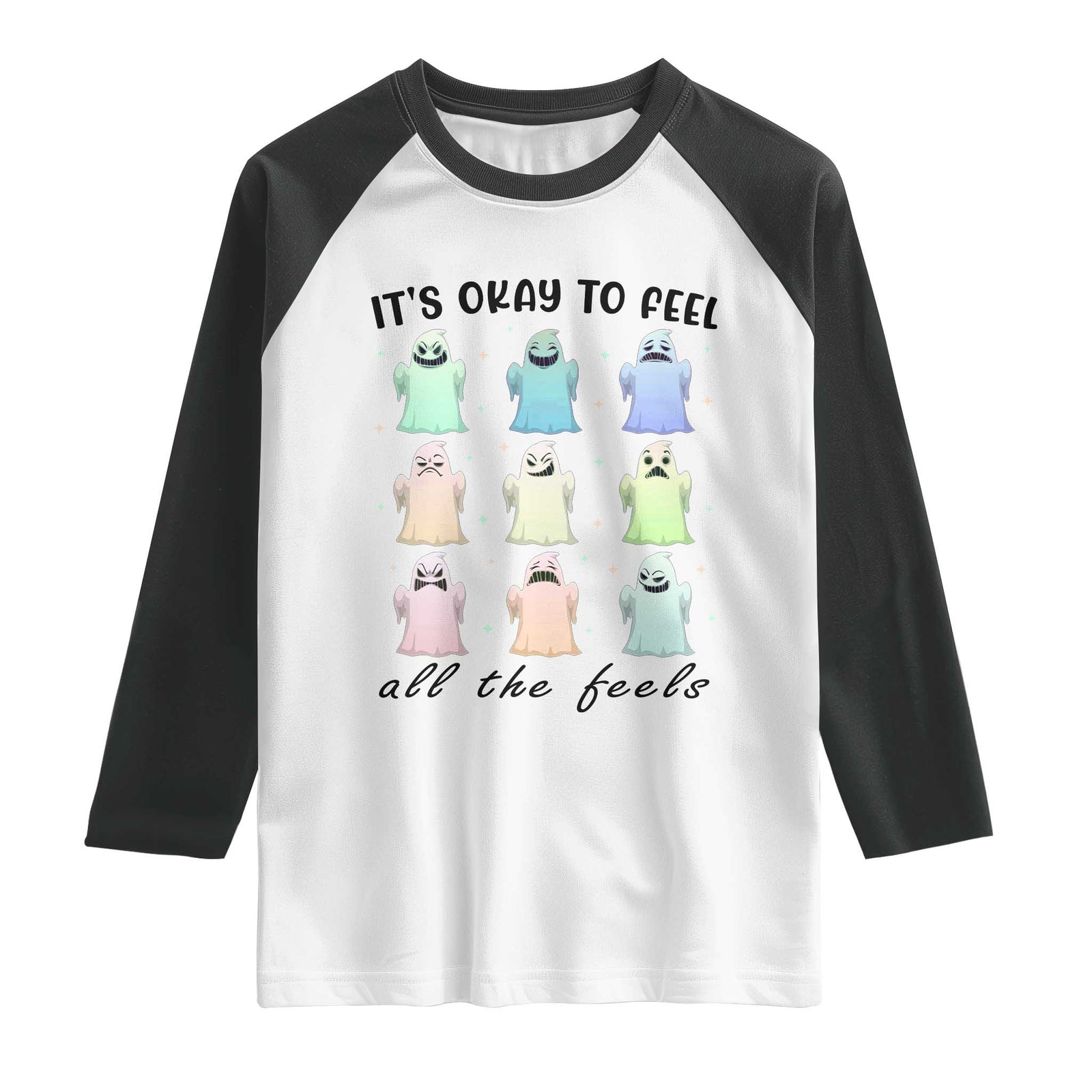 Halloween Mental Health Awareness Raglan Shirt It Is Okay To Feel All The Feels Ghost