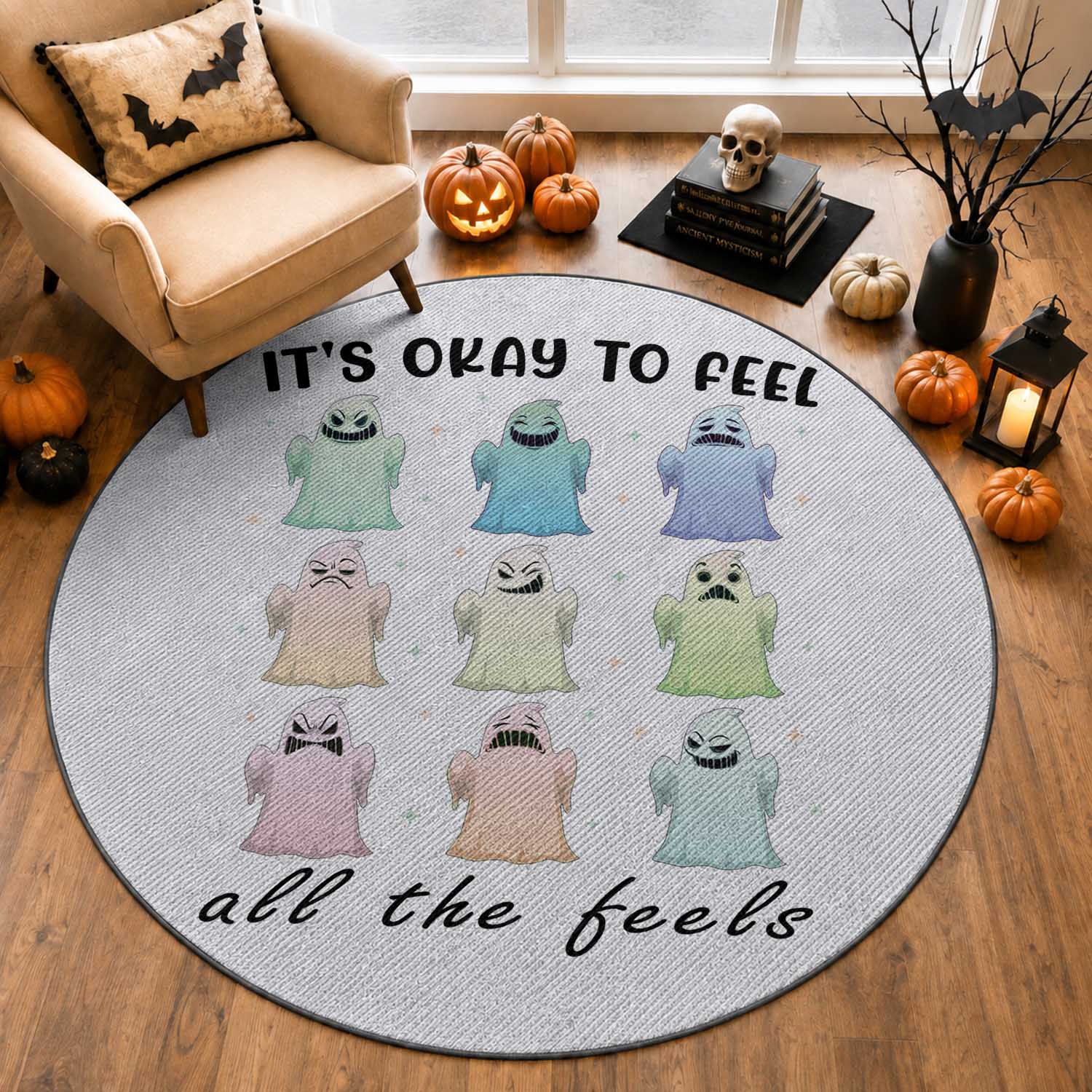 Halloween Mental Health Awareness Round Rug It Is Okay To Feel All The Feels Ghost