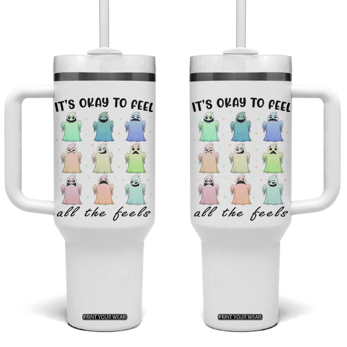 Halloween Mental Health Awareness Tumbler With Handle It Is Okay To Feel All The Feels Ghost