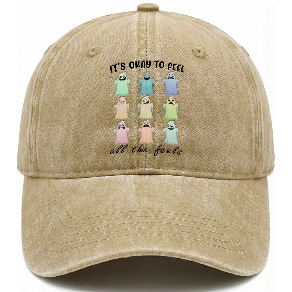 Halloween Mental Health Awareness Washed Cotton Baseball Cap It Is Okay To Feel All The Feels Ghost