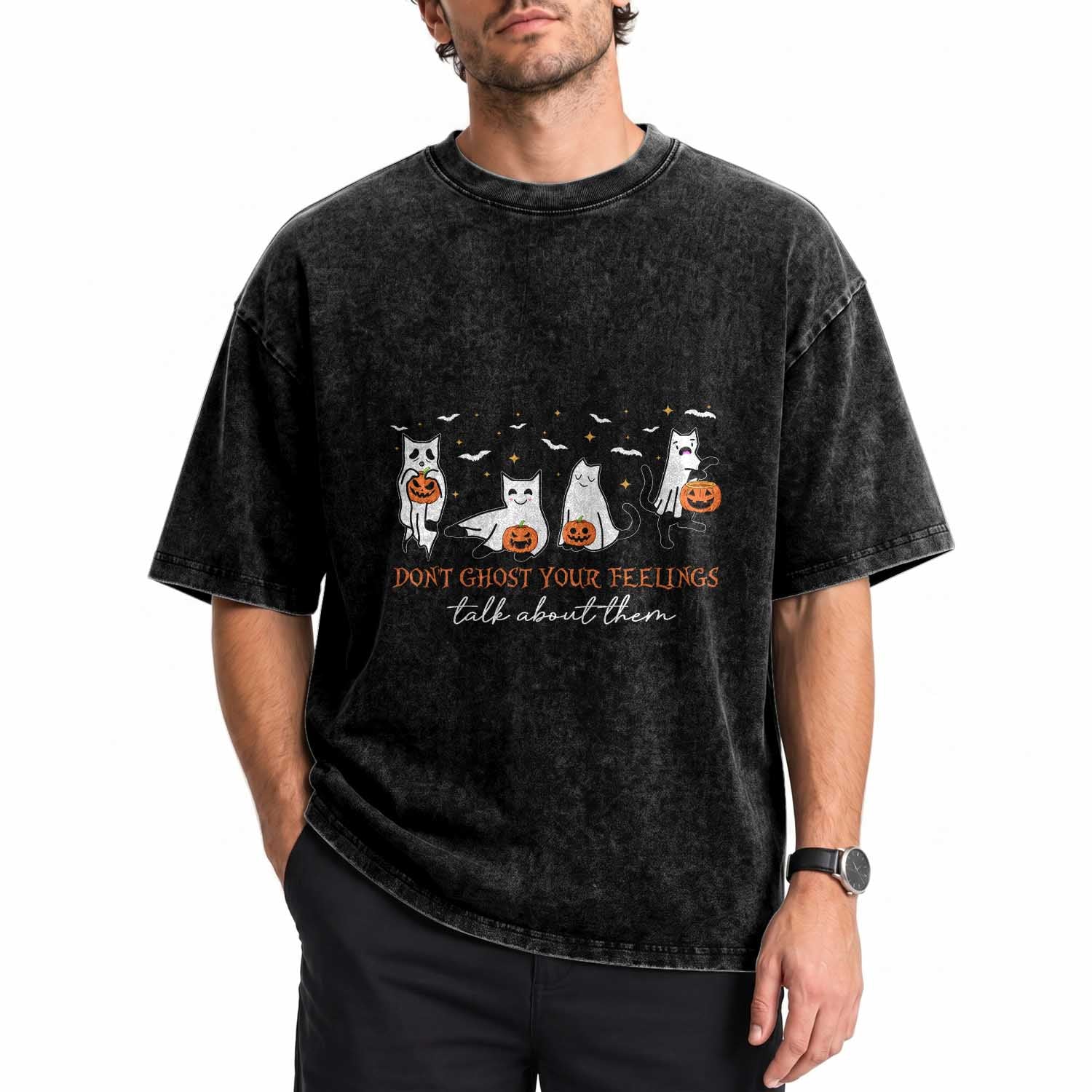 Halloween School Counselor Washed Cotton T-Shirt Don't Ghost Your Feelings Talk About Them Ghost Cats