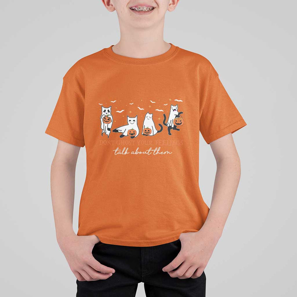 Halloween School Counselor T Shirt For Kid Don't Ghost Your Feelings Talk About Them Ghost Cats TS11 Orange Print Your Wear